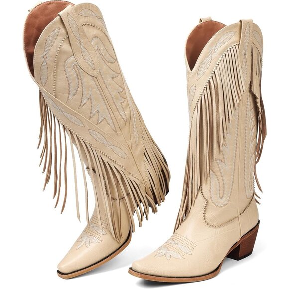 Cowboy Boots for Women Retro Pointed Toe Pull On Block Chunky Heel Embraided - Picture 1 of 8
